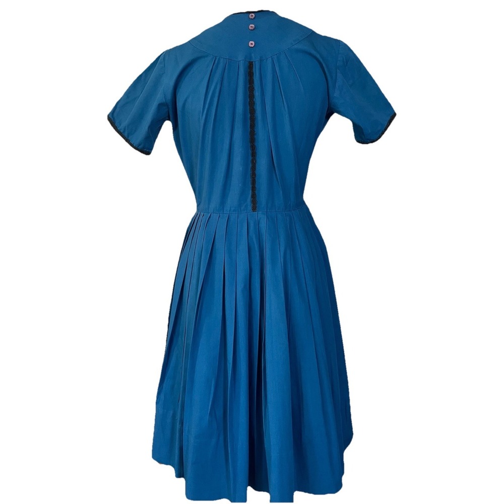 60s 70s Handmade Pleated A-Line Dress Sz 6 Teal Blue Black Trim Buttons Classic - Picture 3 of 10